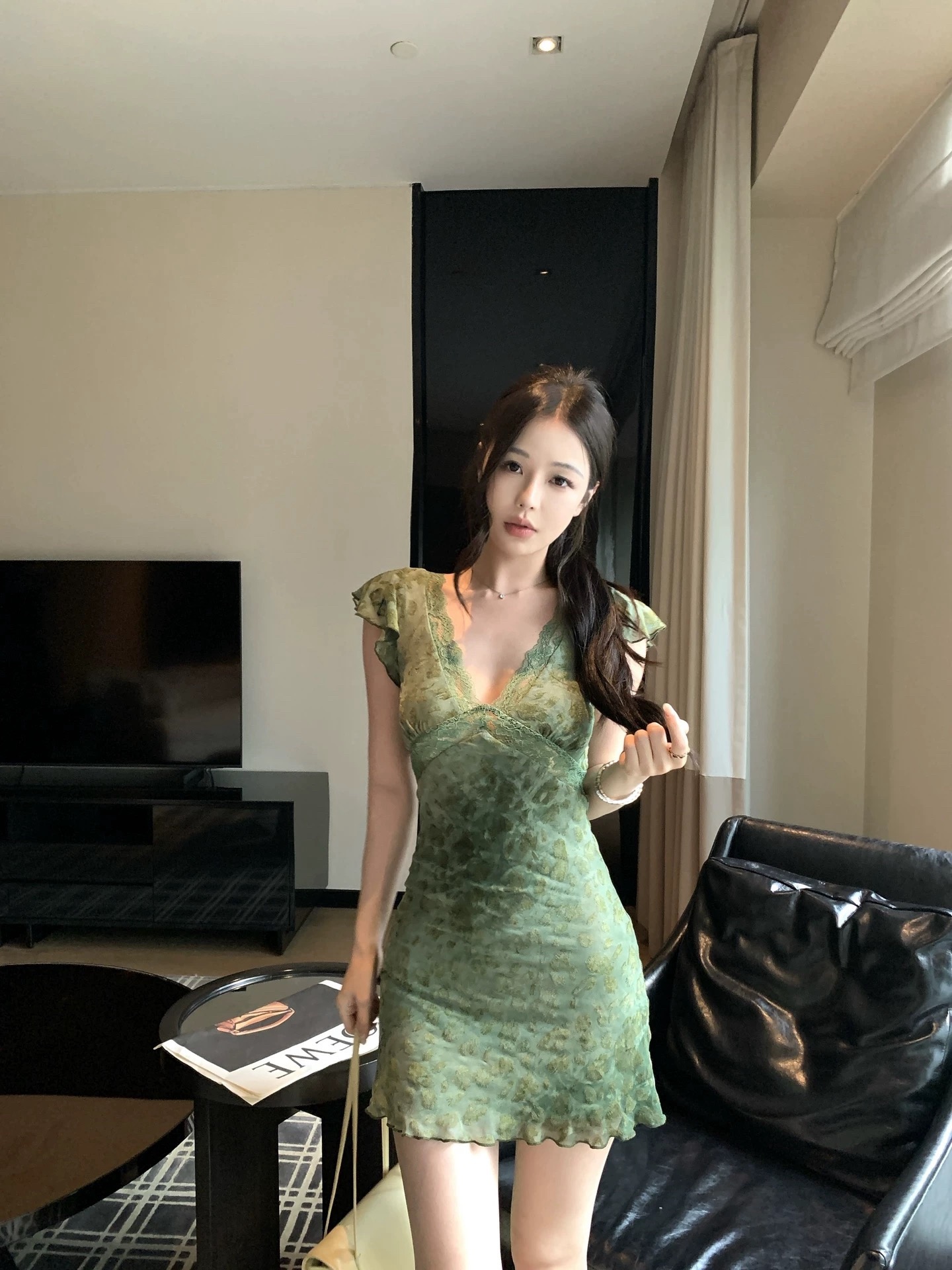 wuu2sweet 우 너무 달콤한 레이스 작은 날다 소매 비스듬한 자르다 레오파드 무늬 치마 여성 깊은 v 섹시함 몸매 가꾸기 허리 수축 드레스
