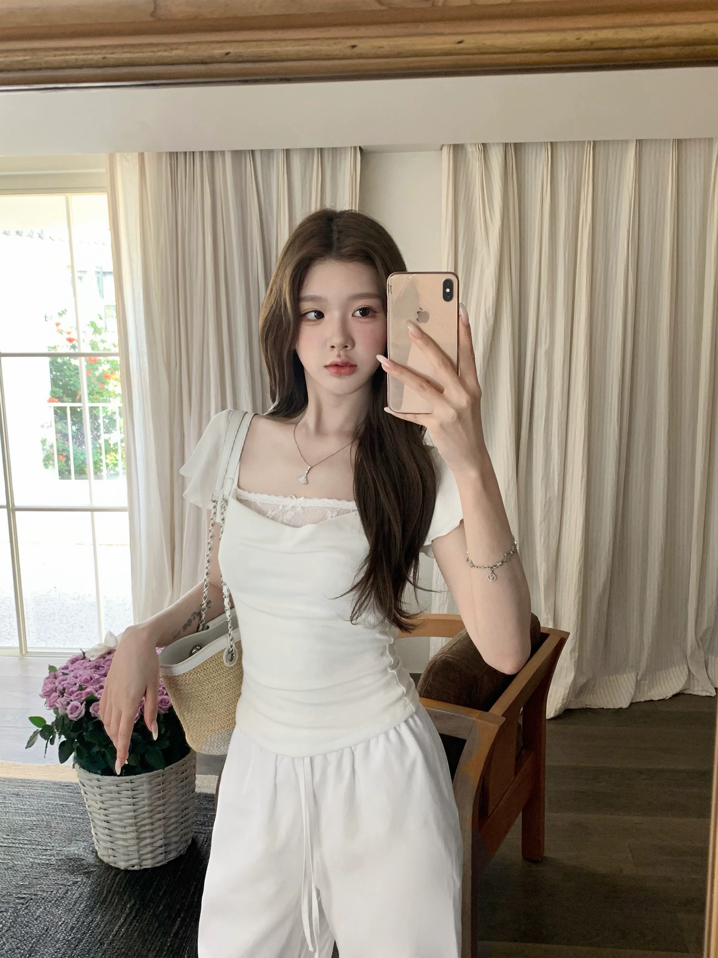 q 여자 집 5 27 설탕 큐브 레이스 부드러운 작은 흰색 꽃 흔들다 칼라 레이스 페이크 레이어드 주간 실크 모달 반팔