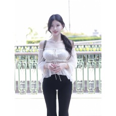 批发Fart Shop清冽水生调 米杏色一字肩木耳边<b class='q'>雪纺衫女</b>春夏短上衣