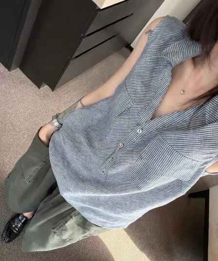 닝 부문 아마 배색 폴로 칼라 스트라이프 민소매 조끼 여성 여름 한 부서 루즈핏 슬림해 보이는 캐주얼 맨위