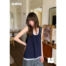 批发你好卡农 假两件拼接背心女夏季新款韩系小宽松设计感针织衫上衣