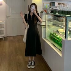 批发捻丝<b class='q'>大码</b><b class='q'>女</b>装法式polo领拉链<b class='q'>连衣裙</b><b class='q'>女</b>夏季胖mm收腰遮肚长<b class='q'>裙</b>