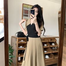 批发捻丝法式茶歇连衣裙女夏季显瘦遮肉气质大码女神<b class='q'>范</b>撞色假两件裙子