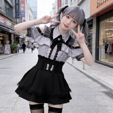 批发少女日系jk制服<b class='q'>夏</b>季短袖暗黑系lolita连衣裙黑色蕾丝花边衬衫套装