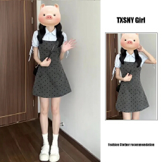 批发官方图假两件浅蓝泡泡袖<b class='q'>衬衫</b>叠搭灰色波点清新减龄又显元气少女感