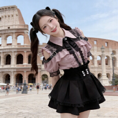 批发少女日系jk制服夏季短袖暗黑系lolita连衣裙黑色蕾丝花边衬衫套装