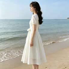 批发高品质公主风小个子女装白裙高级感法式白色简约圆领收腰<b class='q'>连衣裙</b>夏