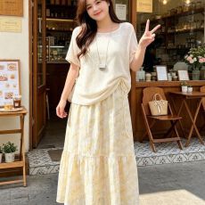 批发【广州面料】大码<b class='q'>女装</b>夏季温柔风短袖上衣2026新款半身裙绝美套装