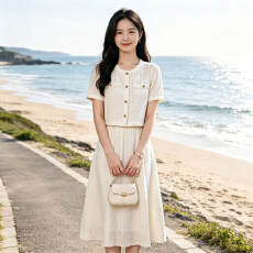 批发小香风精致时髦感肌理套装女小个子<b class='q'>夏季</b>新款圆领衬衫+半裙两件套