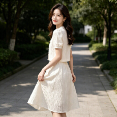 批发小个子套装连衣裙女夏季新款法式提花短袖半身裙子两件套高端
