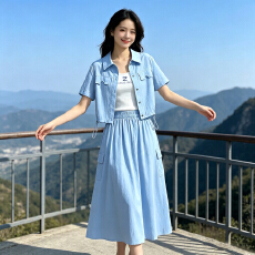 批发宽松美式复古工装风<b class='q'>短袖</b>衬衫吊带裙子三件套女夏装新款休闲连衣裙