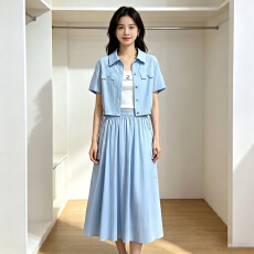 批发时尚休闲工装风<b class='q'>短袖</b>衬衫吊带a字半身裙女夏装新款超火减龄一整套