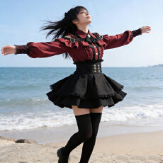 批发少女甜心邂逅日系雷系裙子套装蕾丝露肩长袖<b class='q'>衬衫</b>高腰半身裙子蕾服