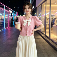 批发女<b class='q'>夏季</b>慵懒风高腰垂感冰丝褶皱休闲阔腿<b class='q'>裤</b><b class='q'>淑女</b>风粉红蝴蝶结衬衫衣