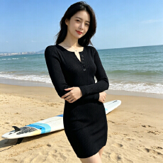 批发秋冬新款<b class='q'>通勤</b>风V领纽扣针织长袖连衣裙女辣妹修身包臀裙显瘦短裙