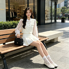 批发春秋季新款法式名媛高级感两件<b class='q'>套装</b>裙小香风蝴蝶结衬衣高腰短裙女