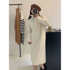 批发韩系翻领针织<b class='q'>连衣裙</b>女秋冬新款慵懒宽松过膝毛衣裙内搭<b class='q'>打底裙</b>