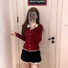 批发秋冬法式复古<b class='q'>蕾丝</b>边娃娃领长袖上衣设计感简约针织打底开衫女内搭