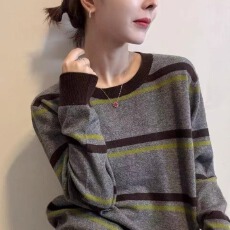 批发<b class='q'>欧洲站</b>2025秋<b class='q'>新款</b>欧货简约撞色宽松套头圆领条纹羊毛针织衫毛衣女