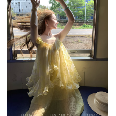 批发EIA一尧天丝吊带<b class='q'>连衣裙</b>夏季气质<b class='q'>荷叶</b>边露思同款度假大摆裙