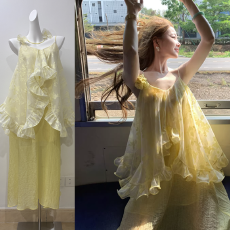 批发EIA一尧天丝吊带<b class='q'>连衣裙</b>夏季气质荷叶边露思<b class='q'>同款</b>度假大摆裙