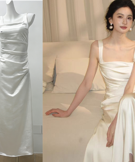 하나부터 순간 선 구름 프랑스식 새틴 슬립 여성 드레스 고급 펌프 Pleat 디자인 허리 수축 슬림해 보이는 롱 스커트