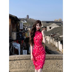 批发【虞娇】明艳亮色印花中长款修身气质连衣裙<b class='q'>旗袍</b>