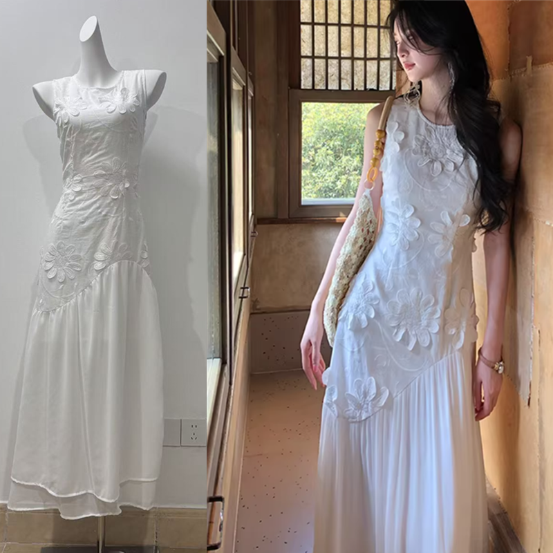 하나부터 순간 봄 와일드 무거운 작업 3 차원 자수 패치워크 민소매 여성 드레스 품격 슬림해 보이는 휴가 롱 스커트