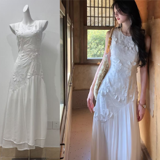 批发从一时刻【春野】重工立体绣花拼接无袖连衣裙女气质显瘦度假长裙