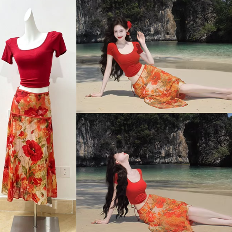 먹는다. 녹색 접시 화상 여름 레트로 Mingyan 분위기 빨간색 티셔츠 맨위 유화 대 꽃 반신 치마 세트