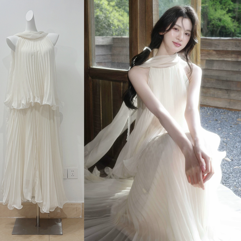 하나부터 순간 희망 산 기둥 센 부서 행침 목 리본 드레스 3 차원 플리츠 디자인 분위기 센스 요정 치마