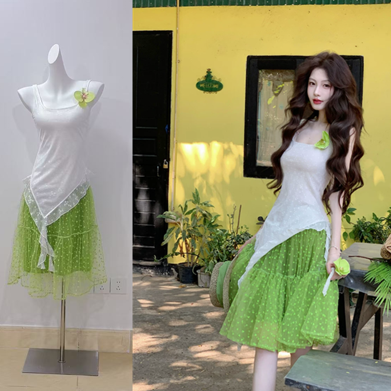 과일 녹색 스타 실 하트 도트 무늬 망사 미니 스커트 층 케이크 드레스 허리밴드 슬림해 보이는 한 마디 반신 스커트
