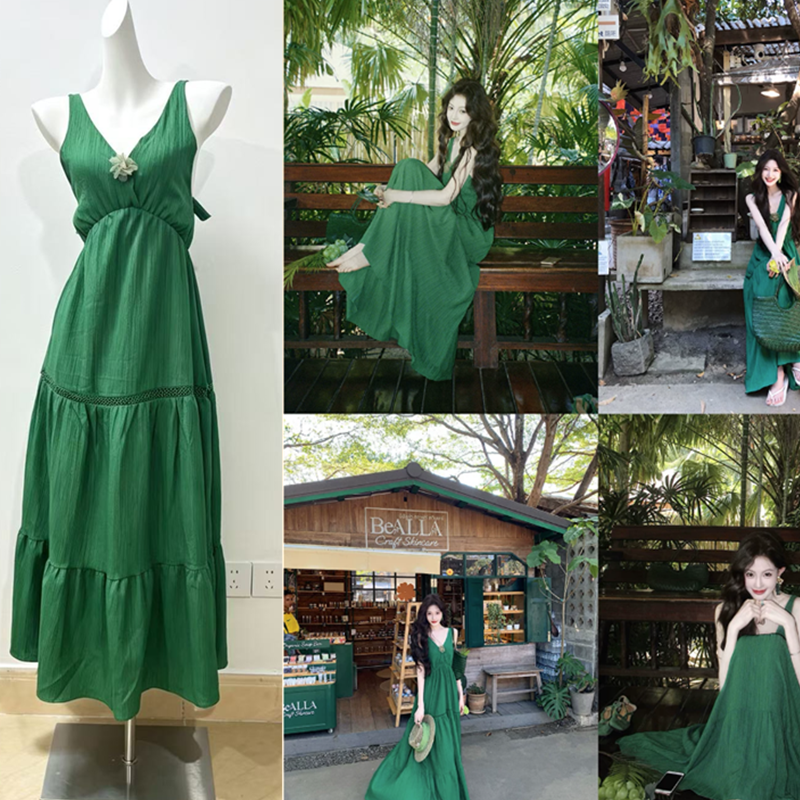 먹는다. 녹색 접시 오즈의 마법사 녹색 주름 질감 휴가 바람 슬립 드레스 V넥 롱 코트 여성 드레스