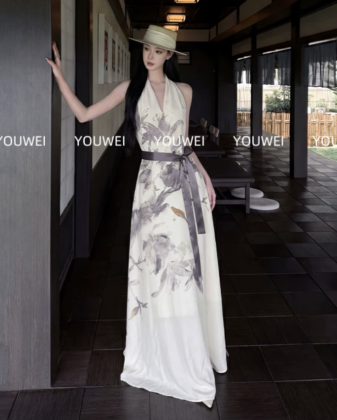 있음 후안 2026 자이언트 잘 생긴 여성 드레스 아모이 중식 V넥 행침 목 민소매 조끼 치마 롱 스커트