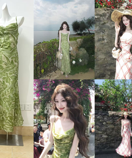 먹는다. 녹색 접시 와일드 치자 나무 라스베리 머리말 프랑스식 레트로 흔들다 칼라 슬립 드레스 품격 허리 수축 슬림해 보이는 체크무늬 드레스