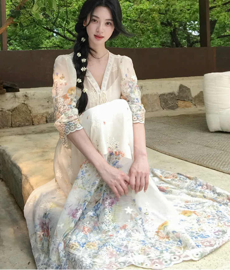하나부터 순간 꽃 수면 빛 산소 꽃무늬 레이스 레이스 V넥 드레스 스트랩 허리 수축 한 마디 큰 진자 롱 스커트