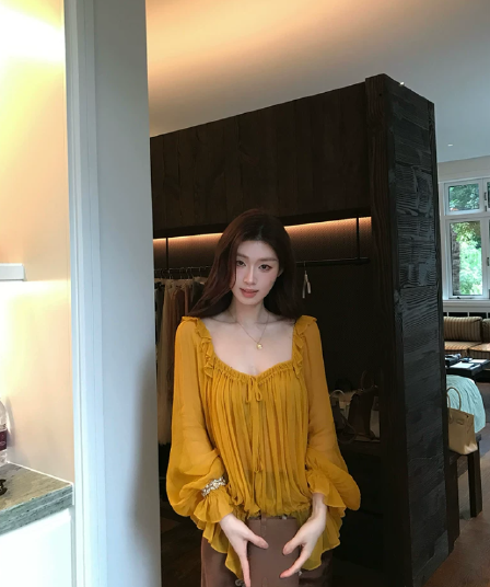sya 크 사이 작은 웨스트 프랑스식 질감 레이스업 맨위 이른 가을 여성 프릴 광장 칼라 부서 사람들을 데려 오라. 실크 긴팔 블라우스