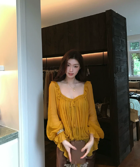 sya 크 사이 작은 웨스트 프랑스식 질감 레이스업 맨위 이른 가을 여성 프릴 광장 칼라 부서 사람들을 데려 오라. 실크 긴팔 블라우스