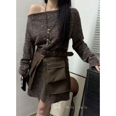 批发早秋新款撞色一字肩<b class='q'>长袖</b>配腰带皮裙假两件设计套装洋气小衫裙