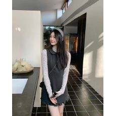 批发新款韩版时尚半高领波点打底衫+娃娃领毛呢背心<b class='q'>连衣裙</b>两件套