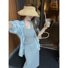 批发长袖防晒衬衫+背心+<b class='q'>条纹</b>半身裙三件套女欧货2026夏季新款休闲<b class='q'>套装</b>