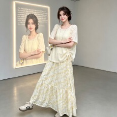 批发2026夏季时尚胖mm韩系背心防晒衫高腰碎花半身裙遮肚显瘦三件套