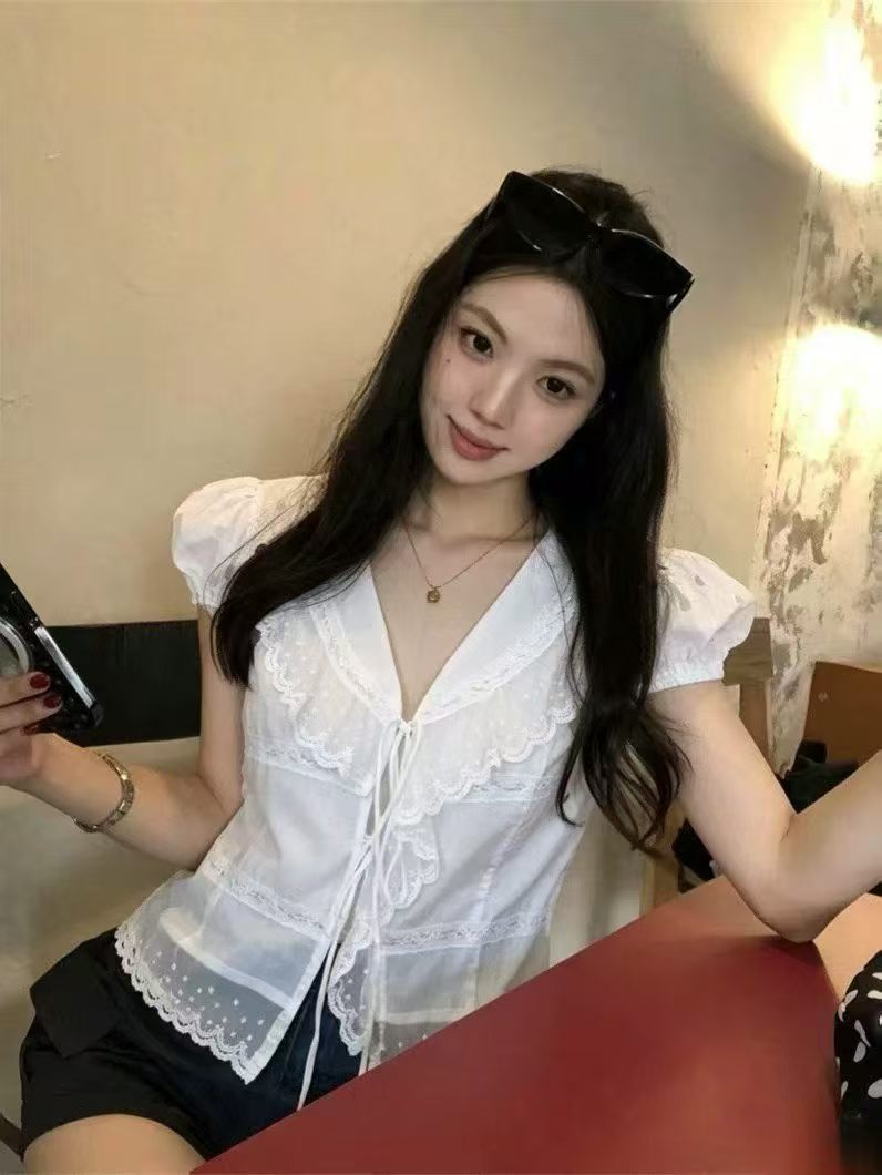 한국 스타일 2026 패션 여름 열세 개 새로운 섹시함 달콤함 레이스 프릴 칼라 몸매 가꾸기 면 린넨 반팔 셔츠
