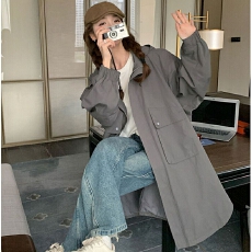 宽松休闲连帽风衣外套女2026年春秋新款复古韩系工装风中长款大衣