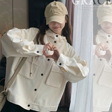 白色工装连帽短款开衫外套女春秋小个子2026新款韩系宽松休闲上衣