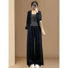批发秋季穿搭一整套<b class='q'>女</b>2026新款条纹慵懒吊带背心开<b class='q'>衫</b>显瘦阔腿裤<b class='q'>三件</b>套
