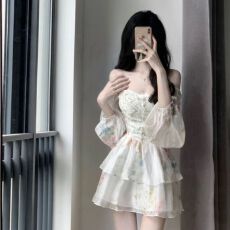 批发超仙雪纺碎花连衣裙女夏季高级感气质仙女不规则裙收腰小个子<b class='q'>短裙</b>