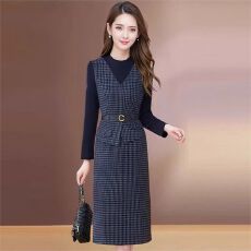 批发【新品】格纹假两件连衣裙女新款2025年秋季气质优雅修身实拍