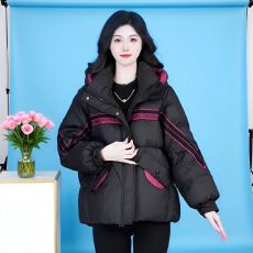 批发2025秋冬新款时尚拼接连帽棉服女短款宽松百搭加厚保暖面包服