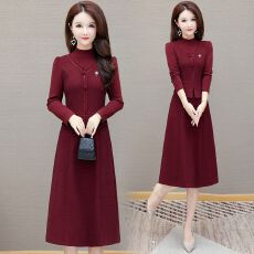 批发2025新款气质香风拼接过膝连衣裙时尚洋气显瘦修身长袖假两件<b class='q'>裙子</b>